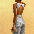 Rugloze glitterjumpsuit met tailleband voor dames 1