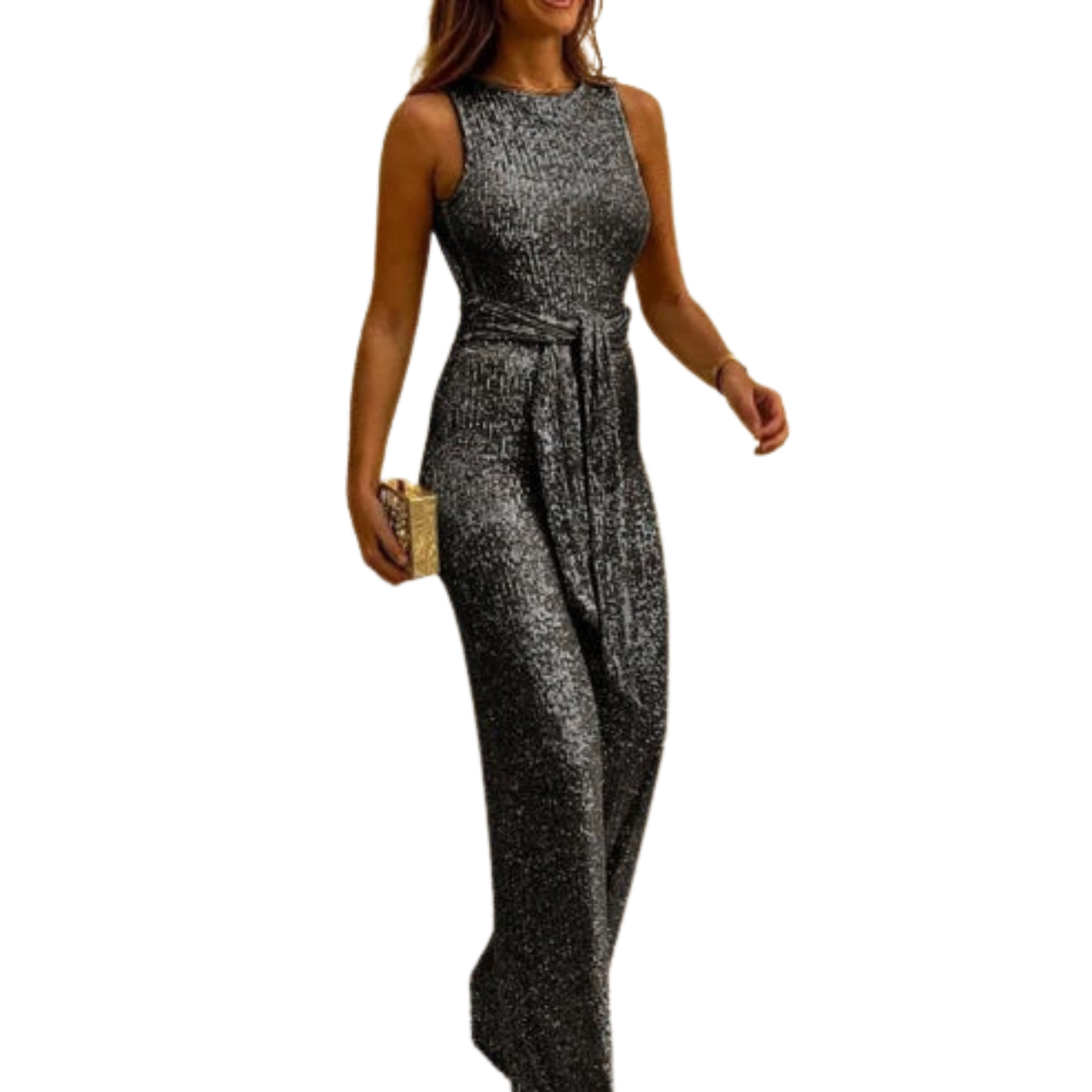 Rugloze glitterjumpsuit met tailleband voor dames 2