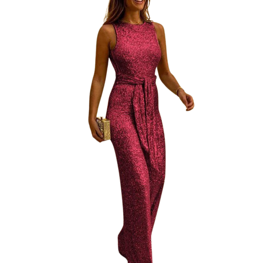 Rugloze glitterjumpsuit met tailleband voor dames 3