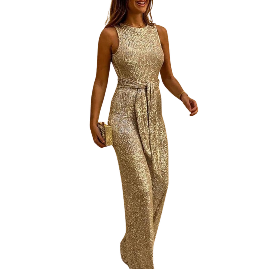 Rugloze glitterjumpsuit met tailleband voor dames 4