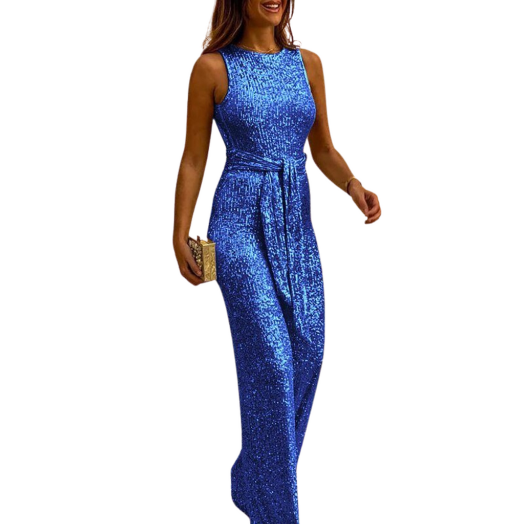 Rugloze glitterjumpsuit met tailleband voor dames 5