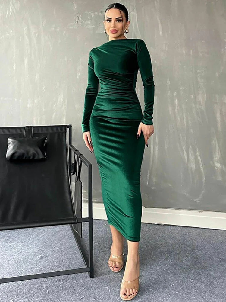 Dulzura Velvet Lange Mouw Midi Jurk – Elegante Groene Feestjurk