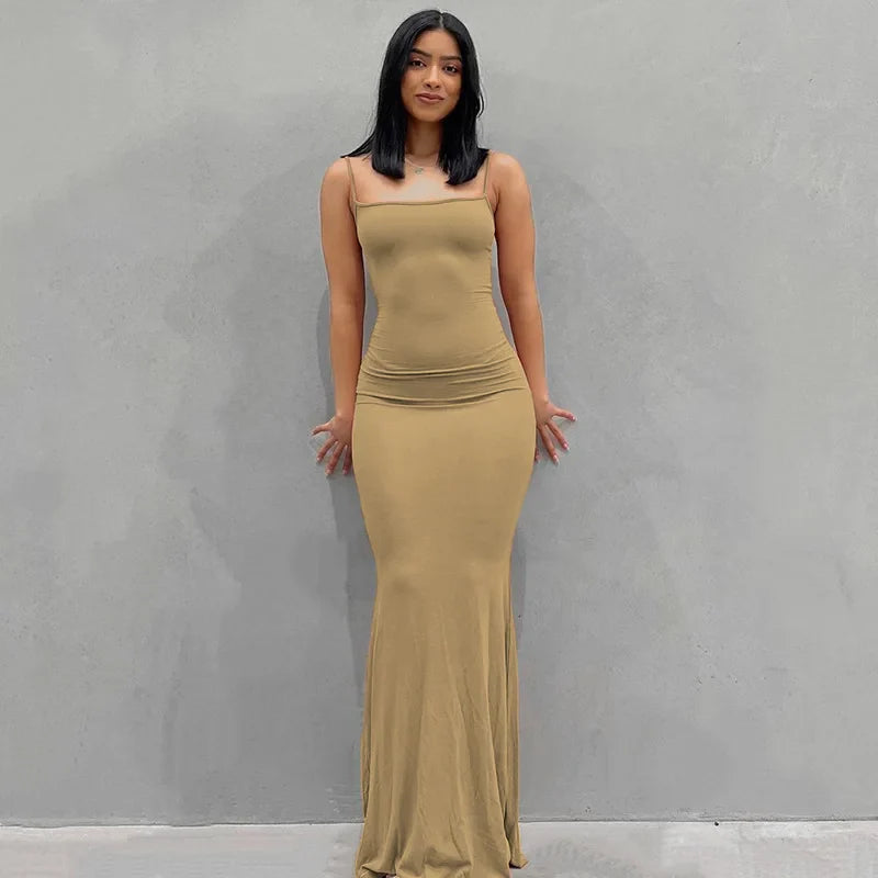 Aria zwarte bodycon maxi-jurk – sexy spaghettibandjes Y2K zomerse elegantie