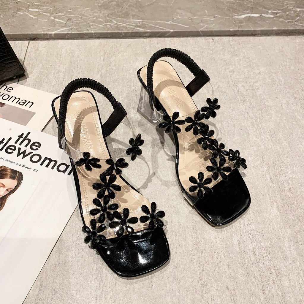 Clara strass sandalen met bloemblokhak