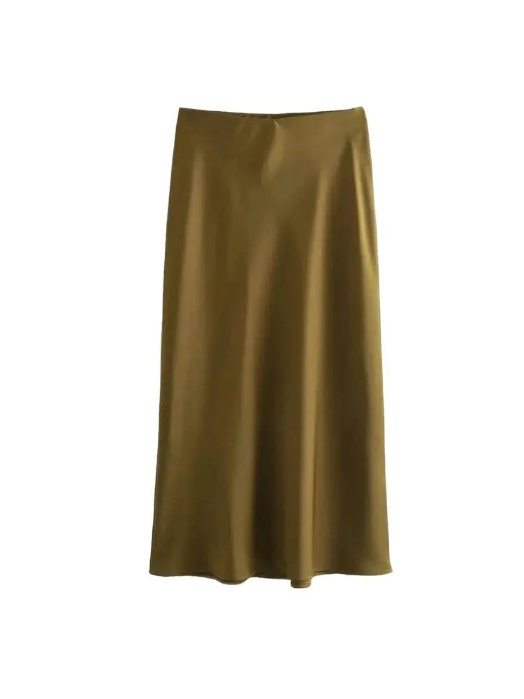 Dames Midi Rok Zwart M Satijn Hoog Taille-5