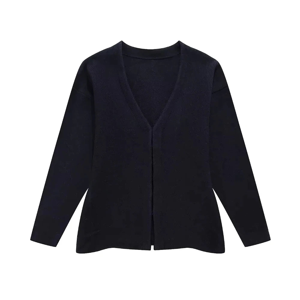 Variant image for Dames Gebreide Vesttrui Zwart M Katoen V-Hals Lange Mouwen-2