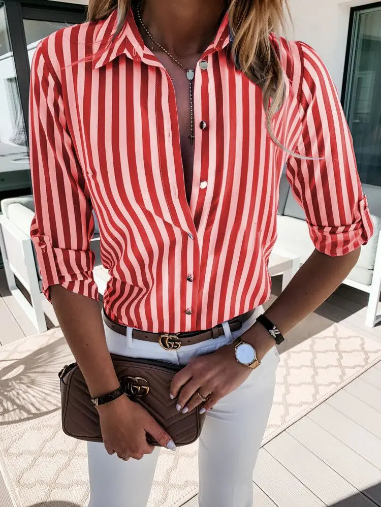 Blouse Gestreepte Blauw Witte Strepen Met Verstelbare Mouwen