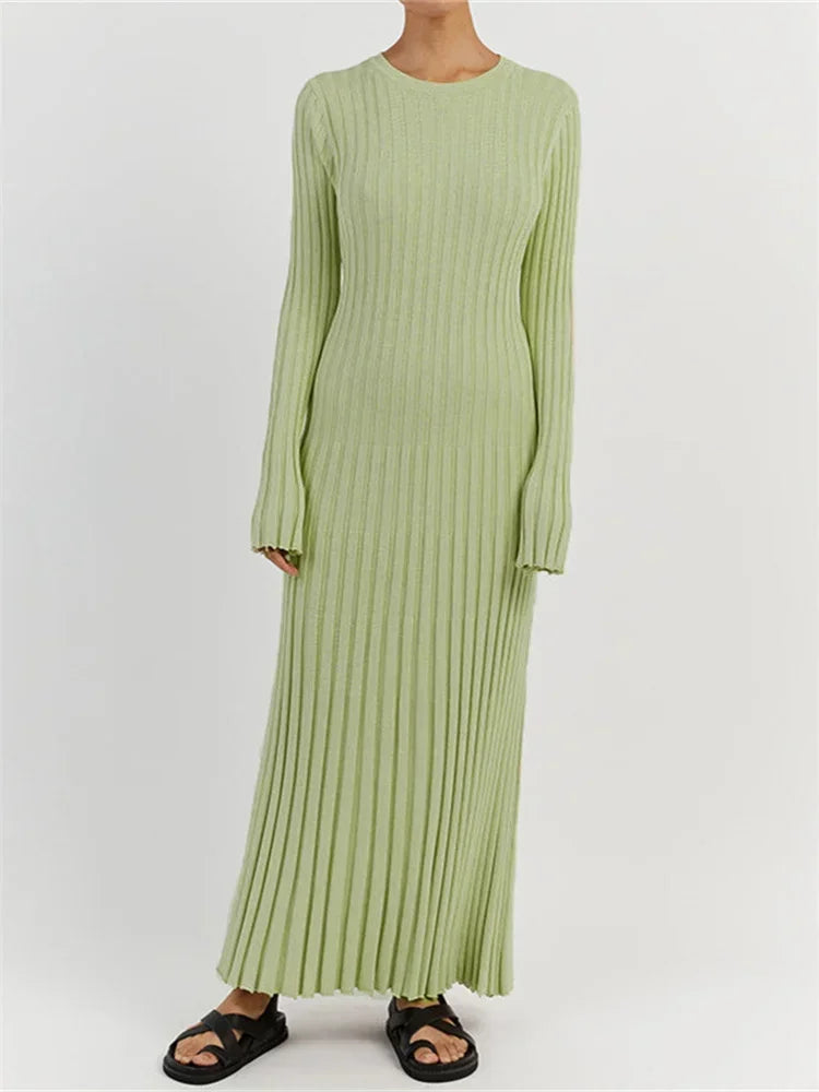 Alana gebreide maxi-jurk met veters – hoge taille, lange mouwen