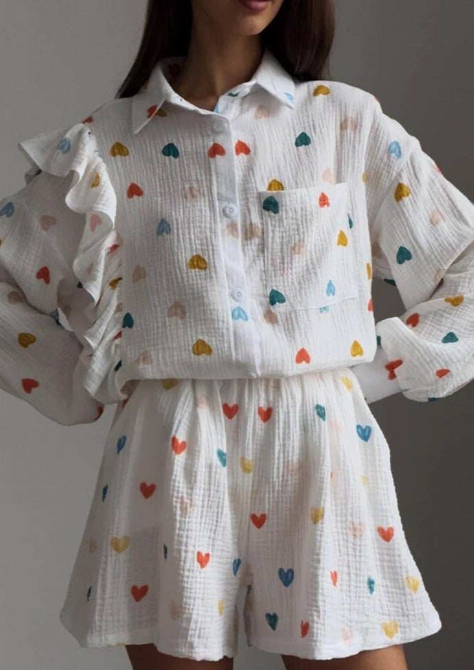 Francesca Set Hartprint Katoenen Overhemd en Shorts Set Chic