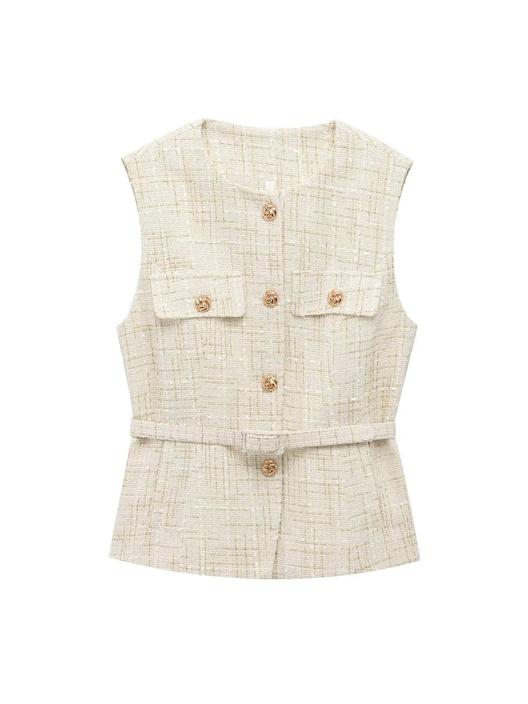 Dames Top Zwart Mouwloos M Tweed met Riem-4