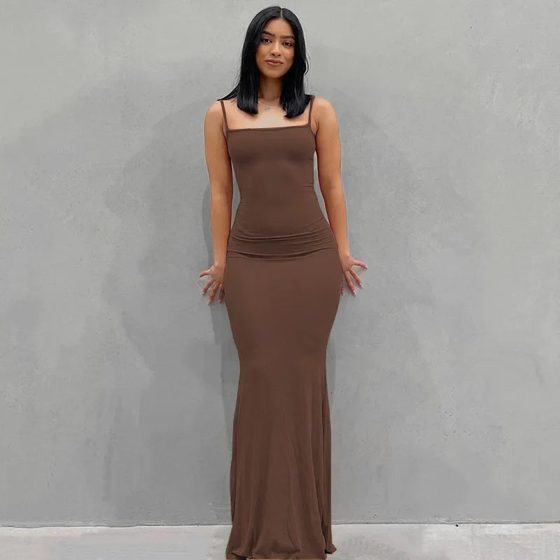 Aria zwarte bodycon maxi-jurk – sexy spaghettibandjes Y2K zomerse elegantie