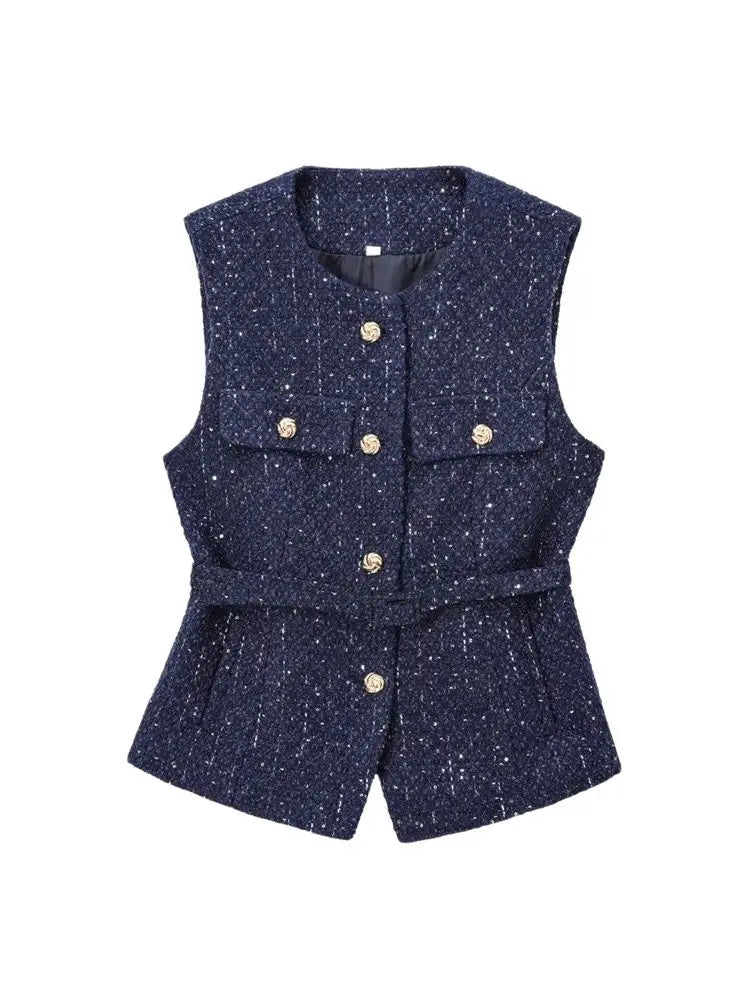 Dames Top Zwart Mouwloos M Tweed met Riem-2