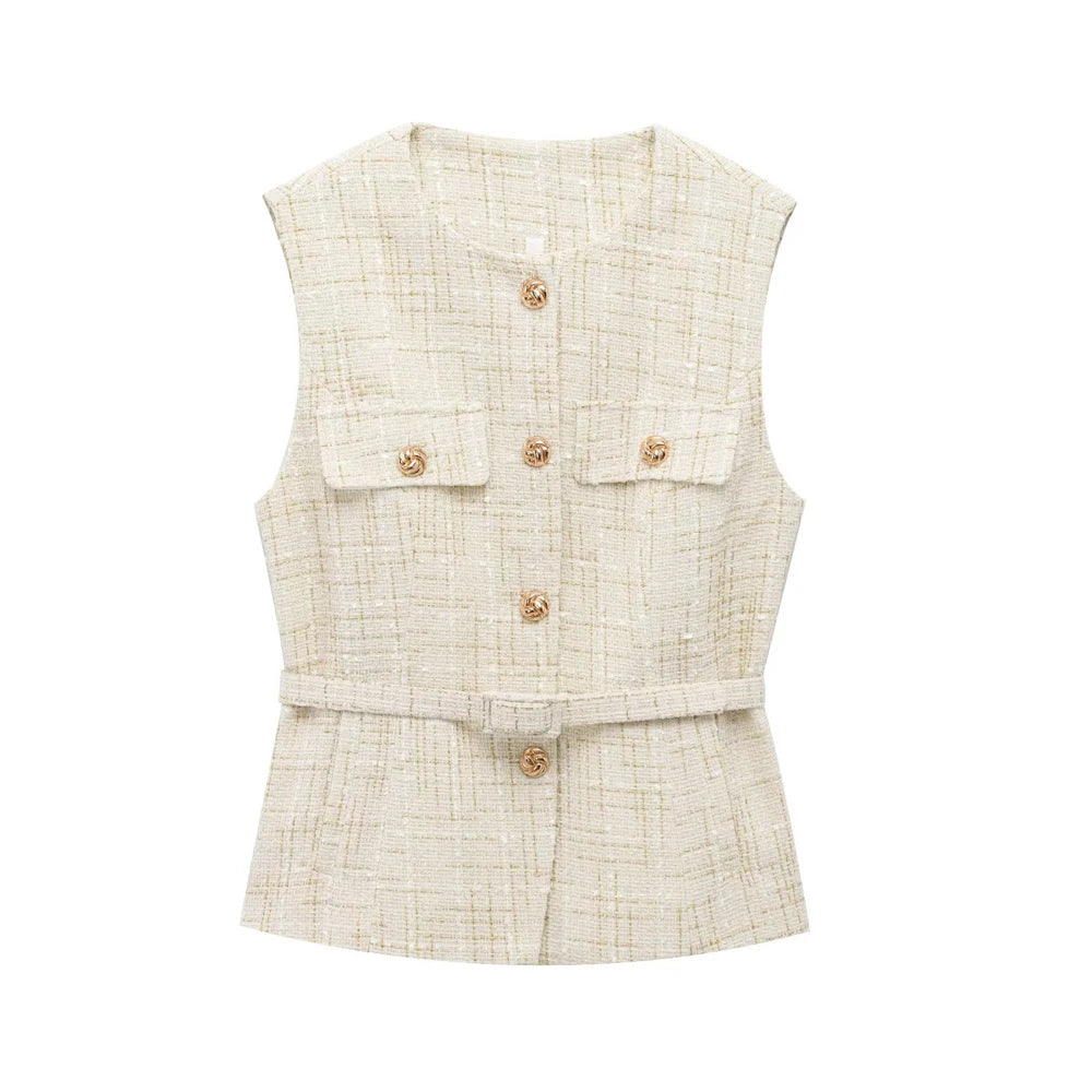 Variant image for Dames Top Zwart Mouwloos M Tweed met Riem-3