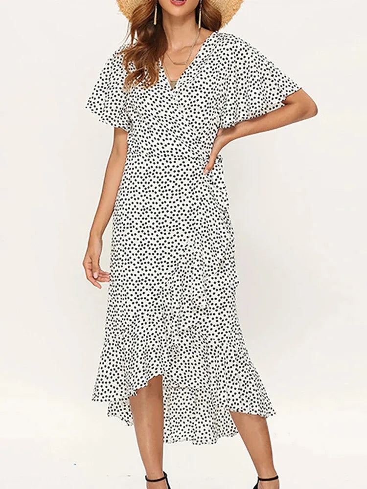 Sara Summer Boho Bloemen Maxi Jurk – V-Hals Ruffle Split Jurk