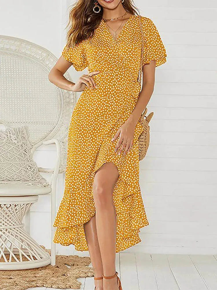 Sara Summer Boho Bloemen Maxi Jurk – V-Hals Ruffle Split Jurk