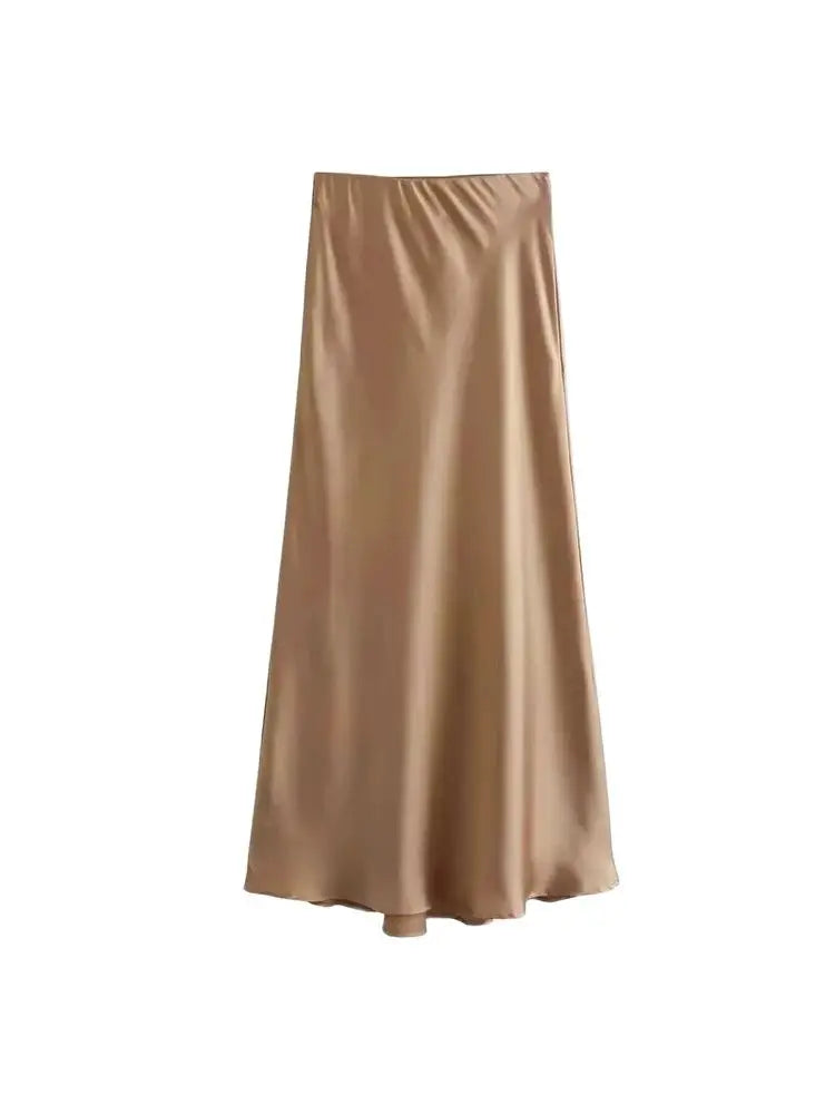 Dames Midi Rok Zwart M Satijn Hoog Taille-3