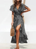 Sara Summer Boho Bloemen Maxi Jurk – V-Hals Ruffle Split Jurk