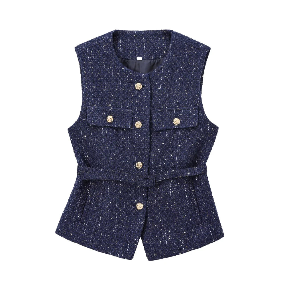 Variant image for Dames Top Zwart Mouwloos M Tweed met Riem-11