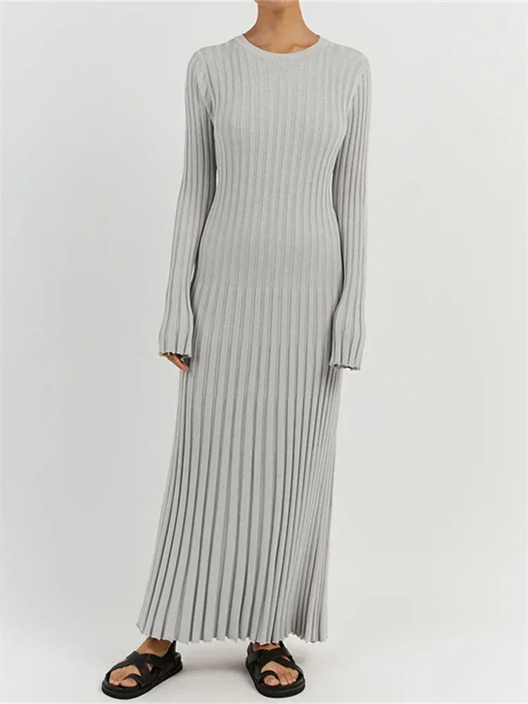 Alana gebreide maxi-jurk met veters – hoge taille, lange mouwen