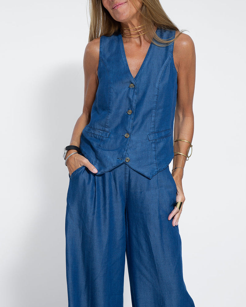 Elegante 2-Delige Set Linnen Wijde Broek En Vest Voor Dames