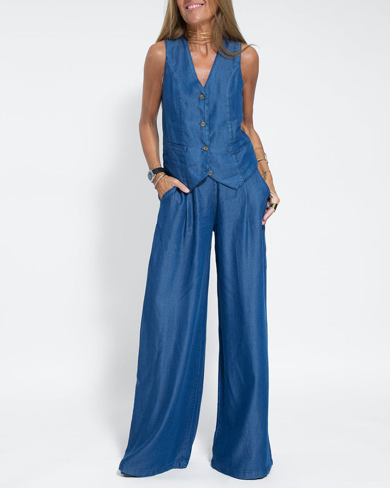 Elegante 2-Delige Set Linnen Wijde Broek En Vest Voor Dames