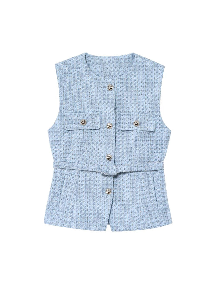 Dames Top Zwart Mouwloos M Tweed met Riem-5