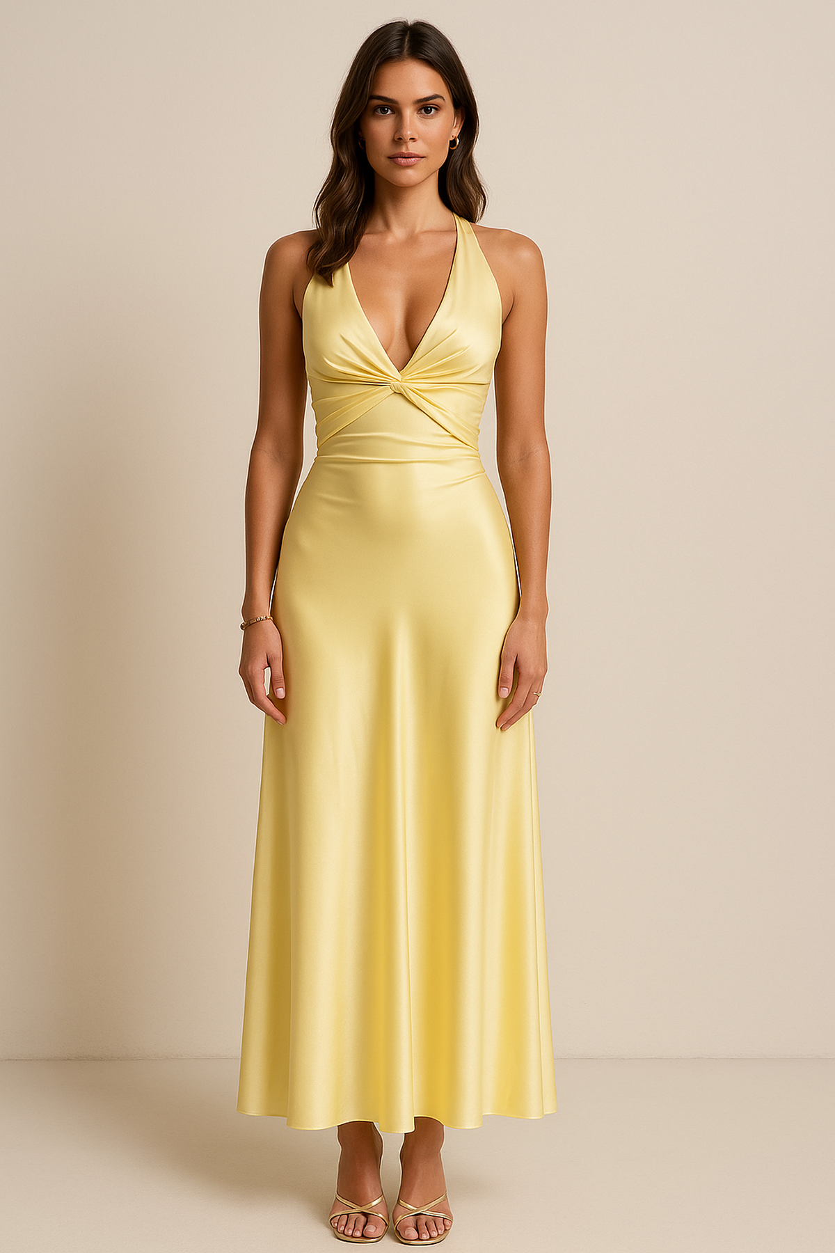 Satijnen halter maxi-jurk 0