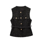 Variant image for Dames Top Zwart Mouwloos M Tweed met Riem-1