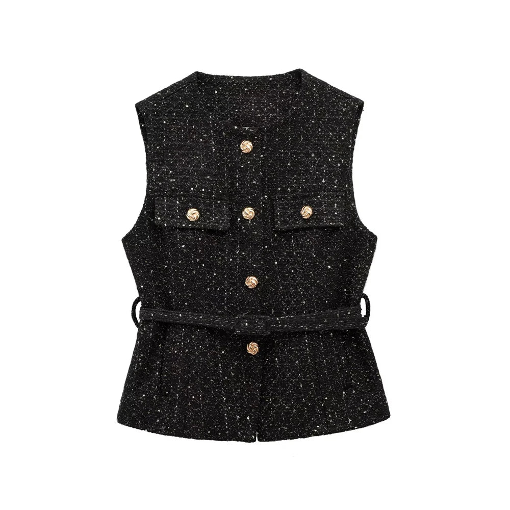 Variant image for Dames Top Zwart Mouwloos M Tweed met Riem-1