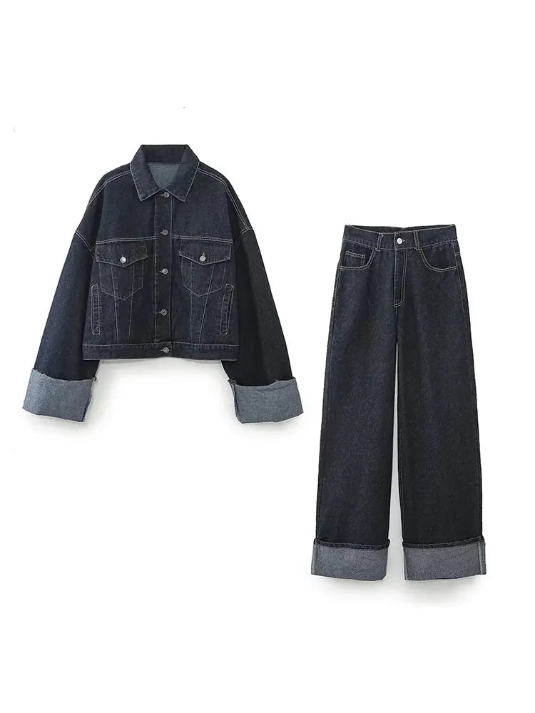 Dames Denim Set – Trucker Jacket & High Waist Wide Leg Jeans – Relaxed Fit