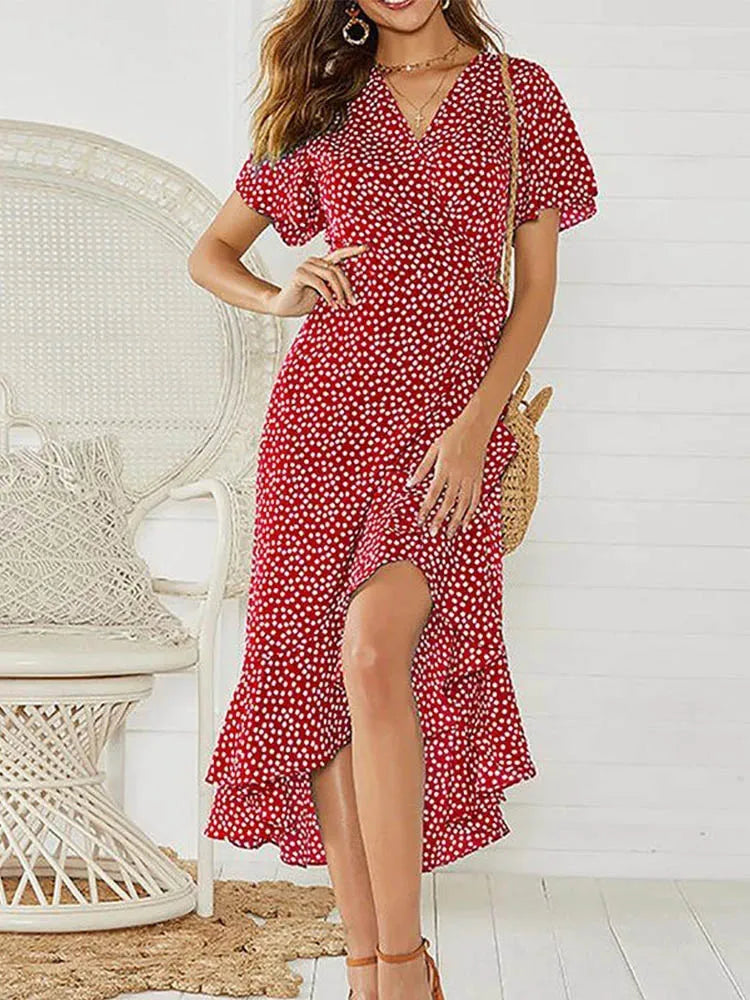 Sara Summer Boho Bloemen Maxi Jurk – V-Hals Ruffle Split Jurk