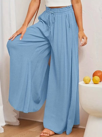 Dames Palazzo Broek Hoge Taille Wijde Pijpen Elastische Touwtjes Volledige Lengte Lichtgewicht Stof Met Zakjes