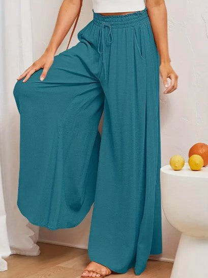 Dames Palazzo Broek Hoge Taille Wijde Pijpen Elastische Touwtjes Volledige Lengte Lichtgewicht Stof Met Zakjes