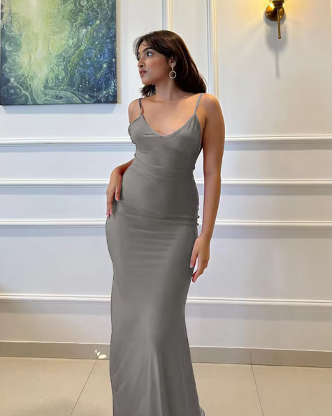 Winnie Elegante Rugloze V-hals Zeemeermin Maxi Jurk – Sexy Avondjurk