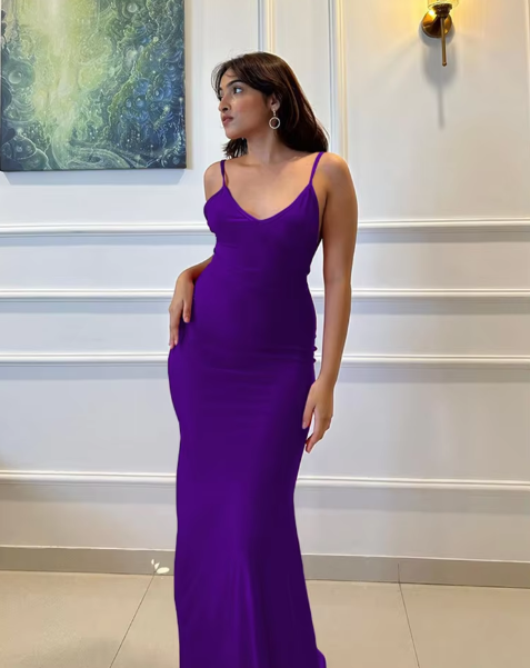 Winnie Elegante Rugloze V-hals Zeemeermin Maxi Jurk – Sexy Avondjurk