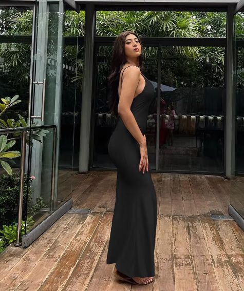 Winnie Elegante Rugloze V-hals Zeemeermin Maxi Jurk – Sexy Avondjurk