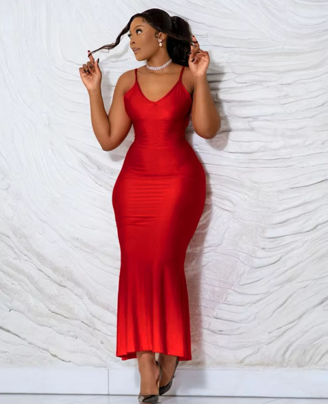 Winnie Elegante Rugloze V-hals Zeemeermin Maxi Jurk – Sexy Avondjurk
