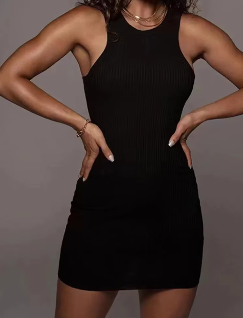 Sofia zwarte geribbelde bodycon mini-jurk - sexy mouwloze clubfeestjurk voor dames