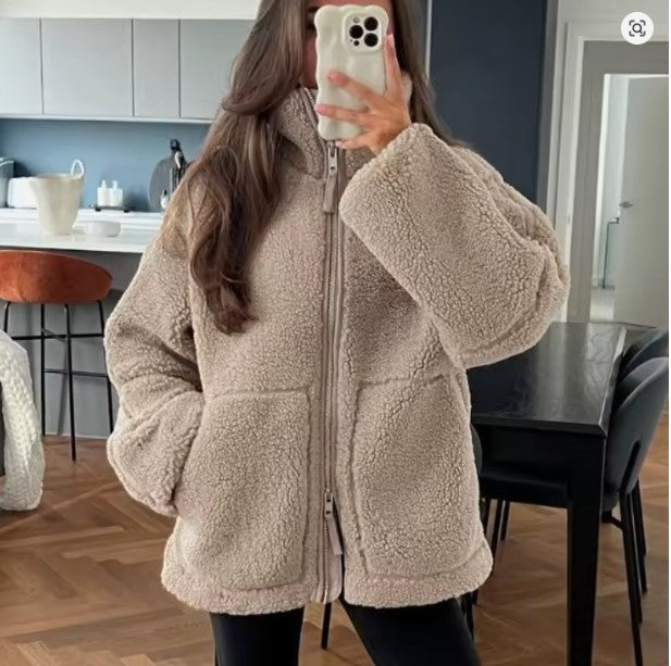 Lamswollenjack Dames Fleece Oversized Met Rits Staande Kraag - Winterjas Dames