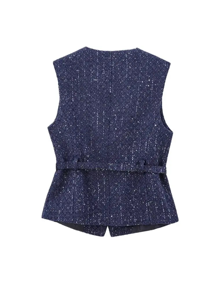 Dames Top Zwart Mouwloos M Tweed met Riem-3