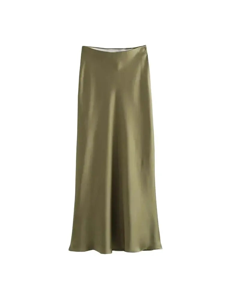 Dames Midi Rok Zwart M Satijn Hoog Taille-4