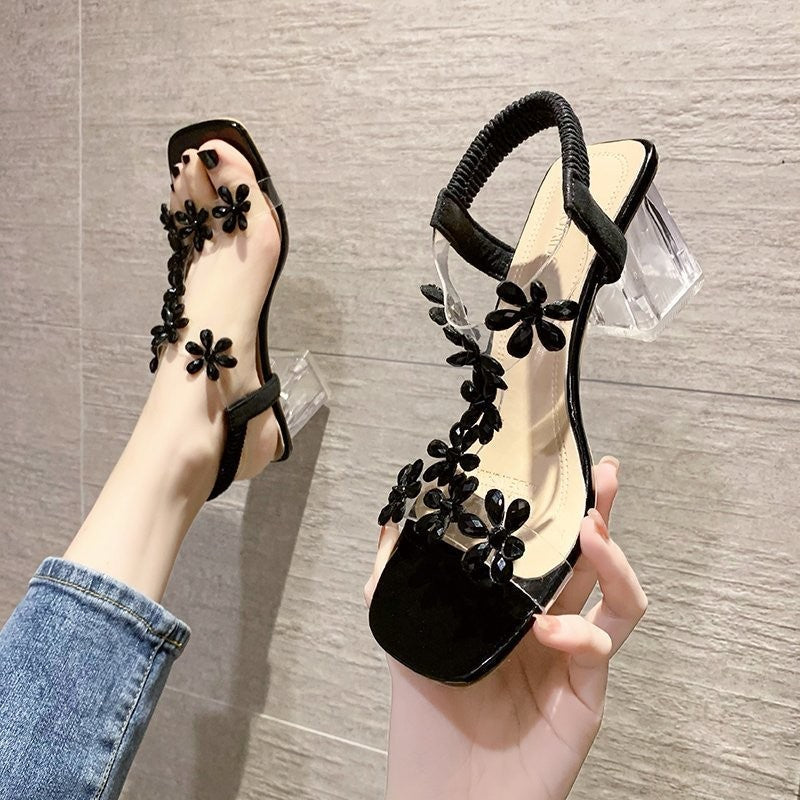 Clara strass sandalen met bloemblokhak