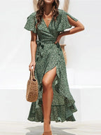 Sara Summer Boho Bloemen Maxi Jurk – V-Hals Ruffle Split Jurk