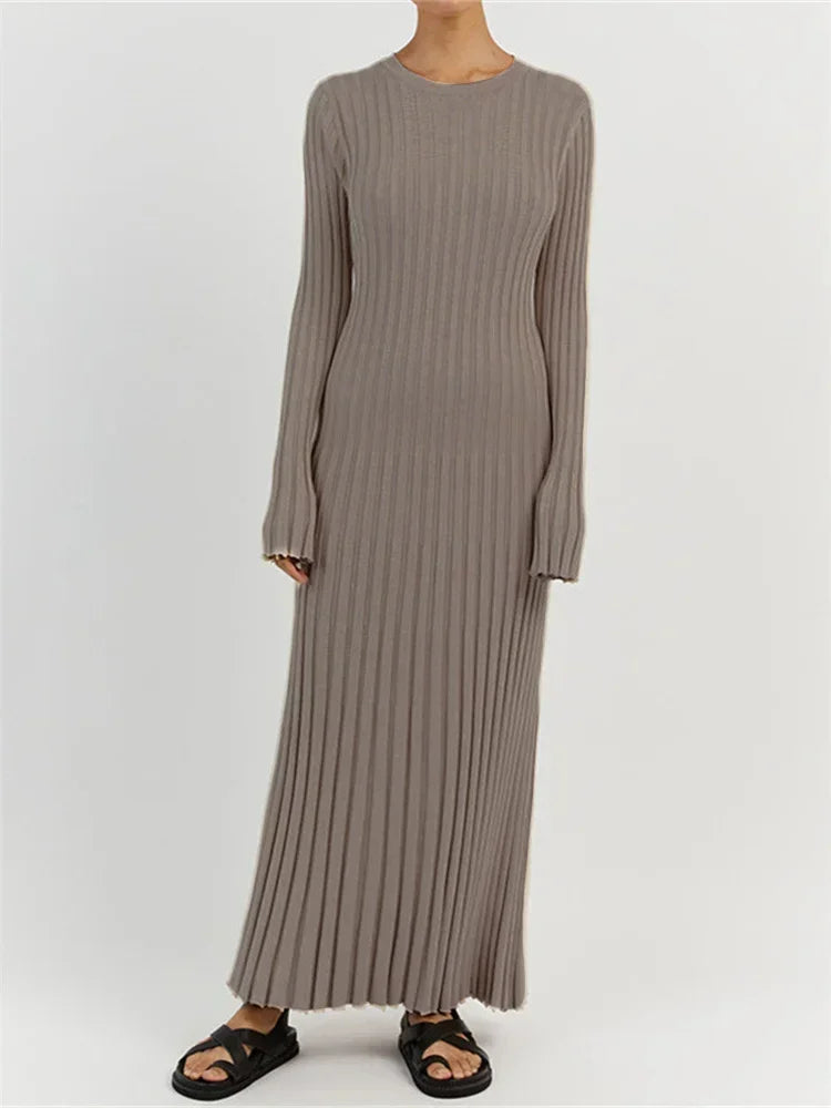 Alana gebreide maxi-jurk met veters – hoge taille, lange mouwen