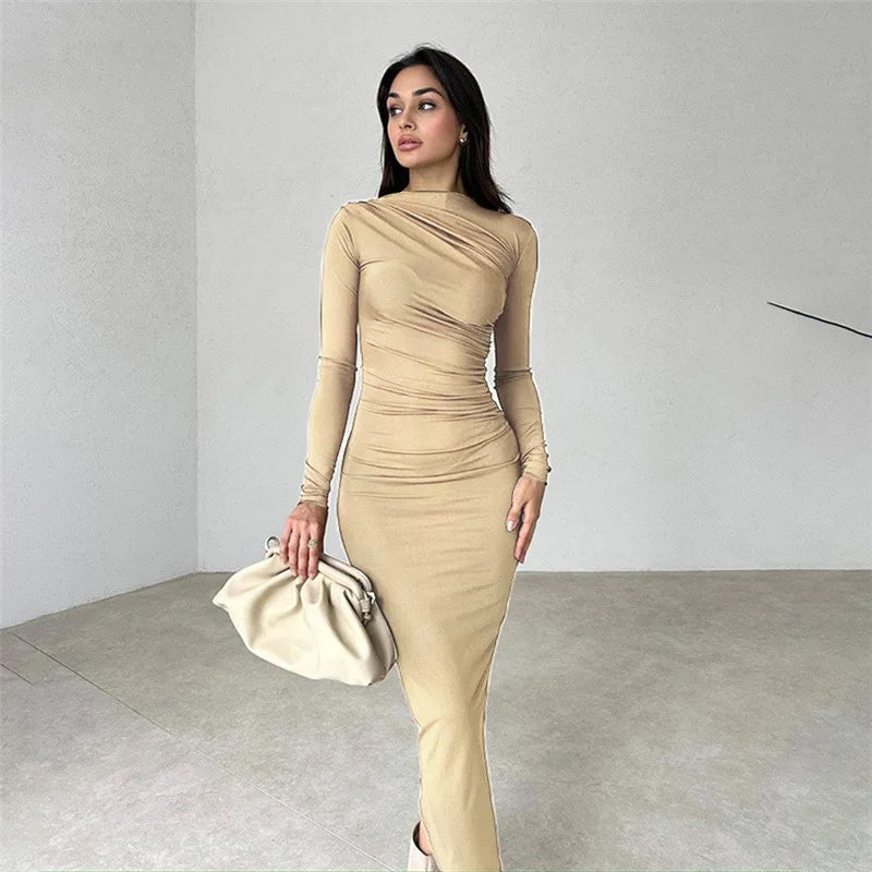 Herfst Elegantie: Sara's Sexy Gerimpelde Bodycon Jurk voor Club- en Feestnachten