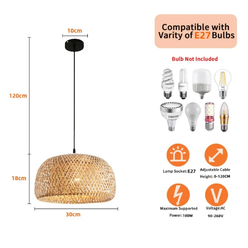 Hanglamp van Handgeweven Bamboe 30 cm – Rotan Hanglamp voor Woonkamer en Slaapkamer, Geschikt voor E27 LED Verlichting-5