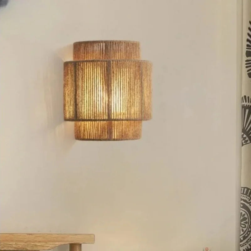 Vintage Handgeweven Hennep Touw Wandlamp LED voor Slaapkamer en Eetkamer - Muurlamp met Natuurlijke Bruine Afwerking-1