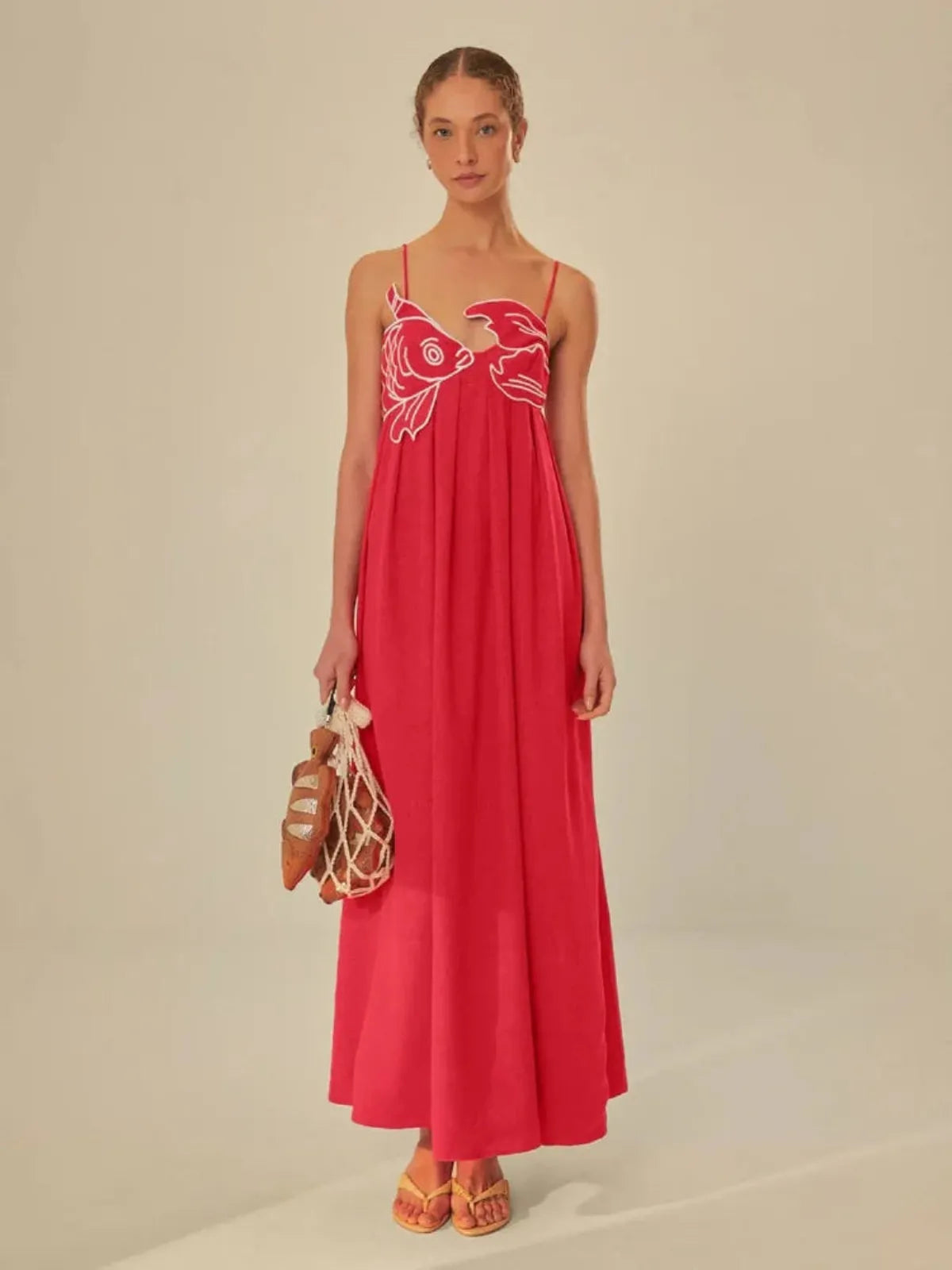 Semi-transparante cami maxi-jurk met geborduurde vissen 0