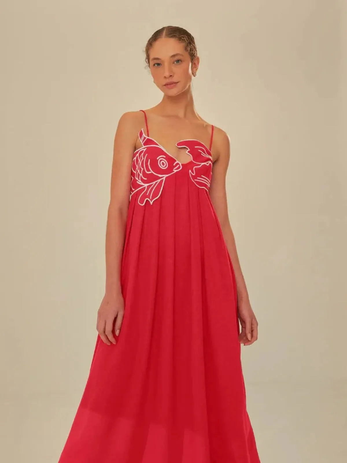 Semi-transparante cami maxi-jurk met geborduurde vissen 1