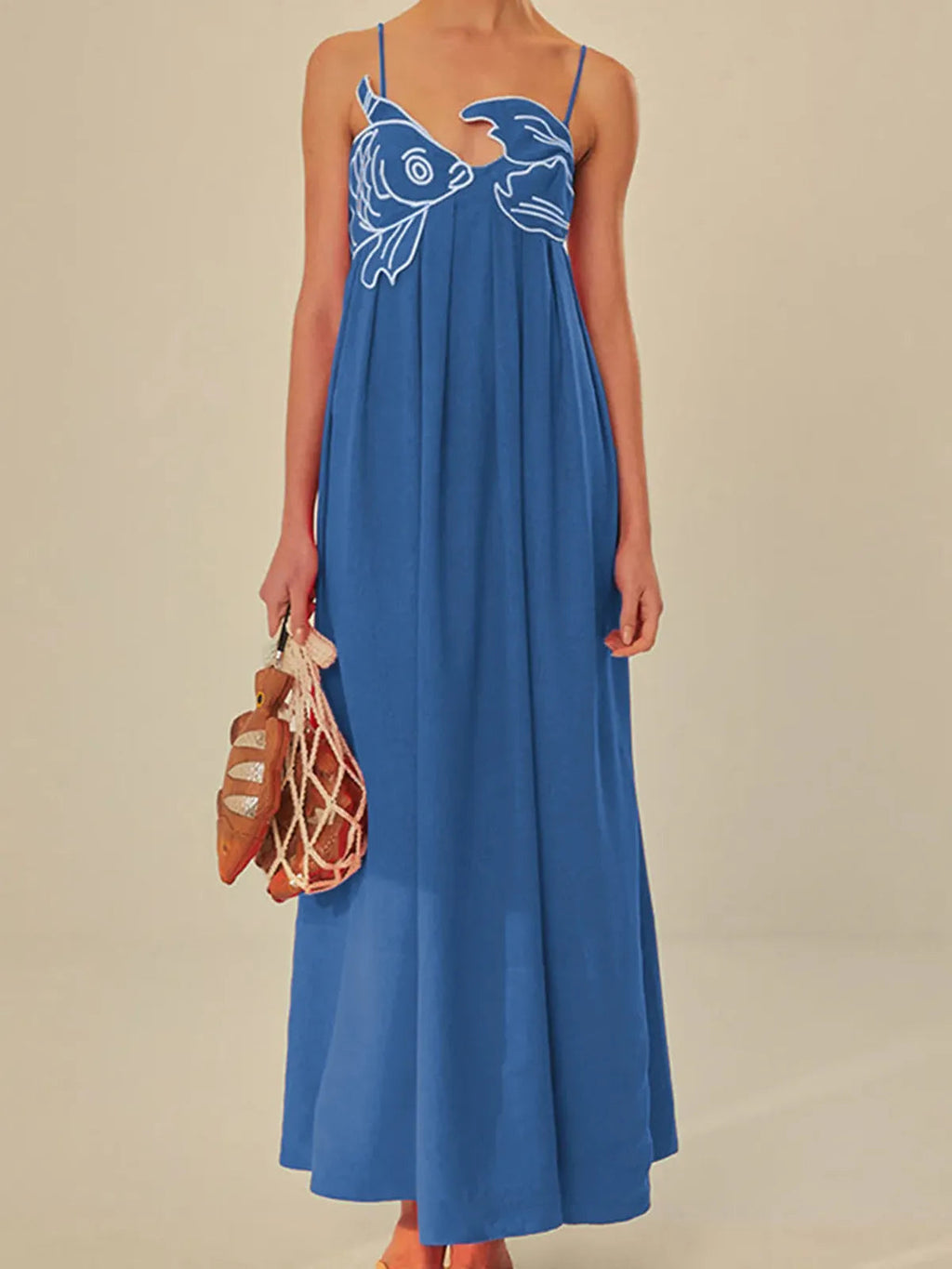 Semi-transparante cami maxi-jurk met geborduurde vissen 5